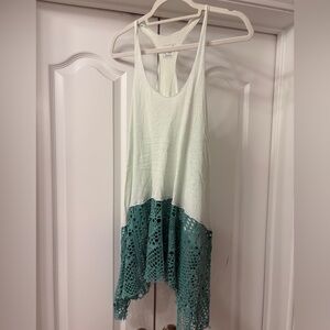 We The Free - Free People White and Teal Lace Trim Tank Top